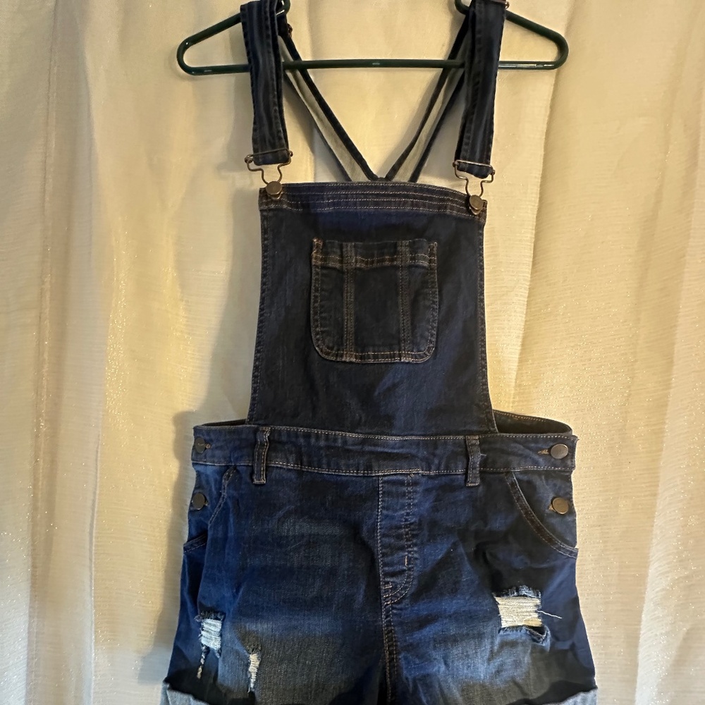 Wax Jeans Womens Denim Shortalls Size L Dark Blue Stretch Distressed Button Fly